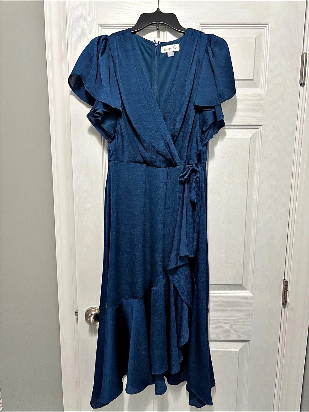Harper Rose Flutter Sleeve Faux Wrap Midi Dress Blue